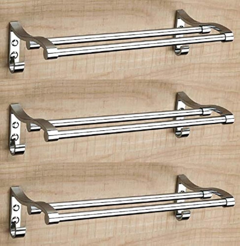 Handy Stianless Steel Bathroom Double Towel Rod with Hook | Towel Stand | Towel Rod| Bathroom Towel Stand | Towel bar | Towel Holder with Cloths Hook (Size-24 inch/Pack of-3) - Image 1