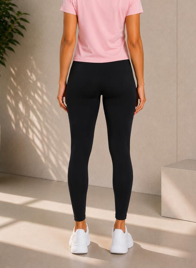 Take Two Black Solid Active Leggings with Logo Print By Lazzycat - Image 2