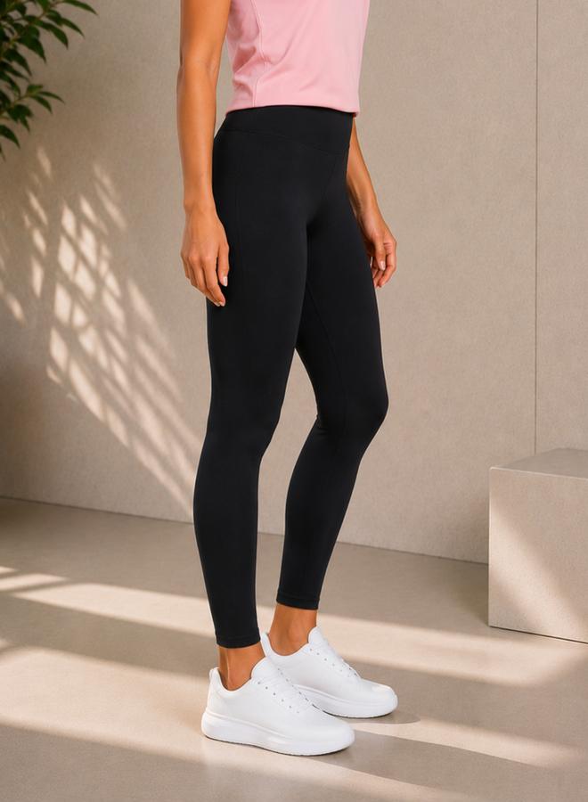 Take Two Black Solid Active Leggings with Logo Print By Lazzycat - Image 4
