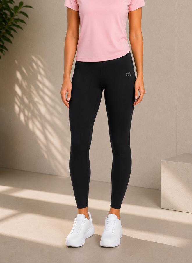Take Two Black Solid Active Leggings with Logo Print By Lazzycat - Image 1