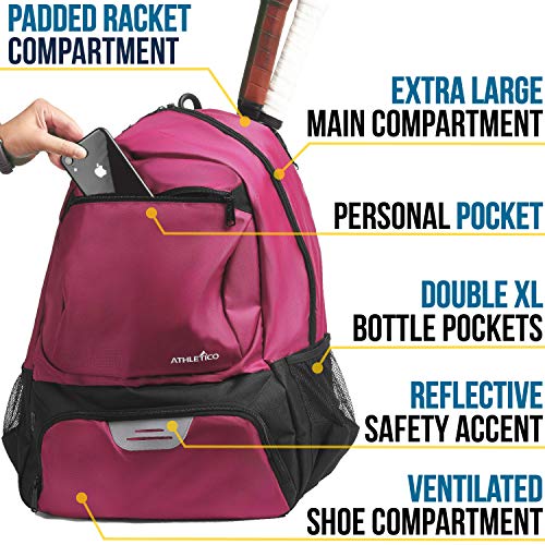 Athletico Premier Tennis Backpack - Tennis Bag Holds 2 Rackets in Padded Compartment | Separate Ventilated Shoe Compartment | Tennis Bags for Men or Women (Pink) - Image 4