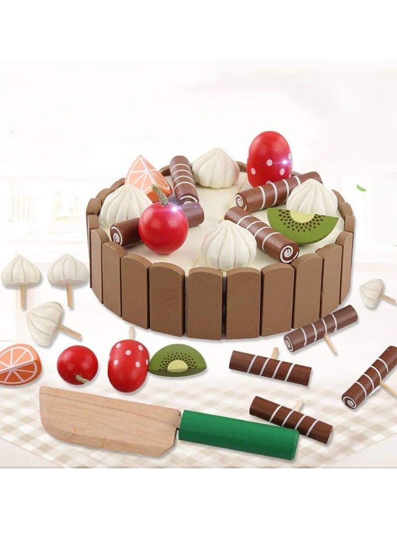 Wooden Birthday Cake Toy   Kids Magnetic Dessert Toy with Cutting Knife, Fruit Toppings, Chocolate and Vanilla Swirls Fun Kitchen Pretend Play Food Party, Cooking Cutter Set, Educational Gift - Image 5