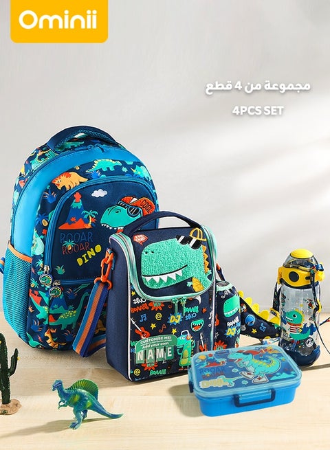 4PCS Boys Dinosaur Backpack Set – Lightweight & Comfy Back Support, Multi-Layer Storage, Insulated Lunch Bag, Leakproof Lunch Box, Straw Water Bottle, Waterproof & Durable, Age 6–16