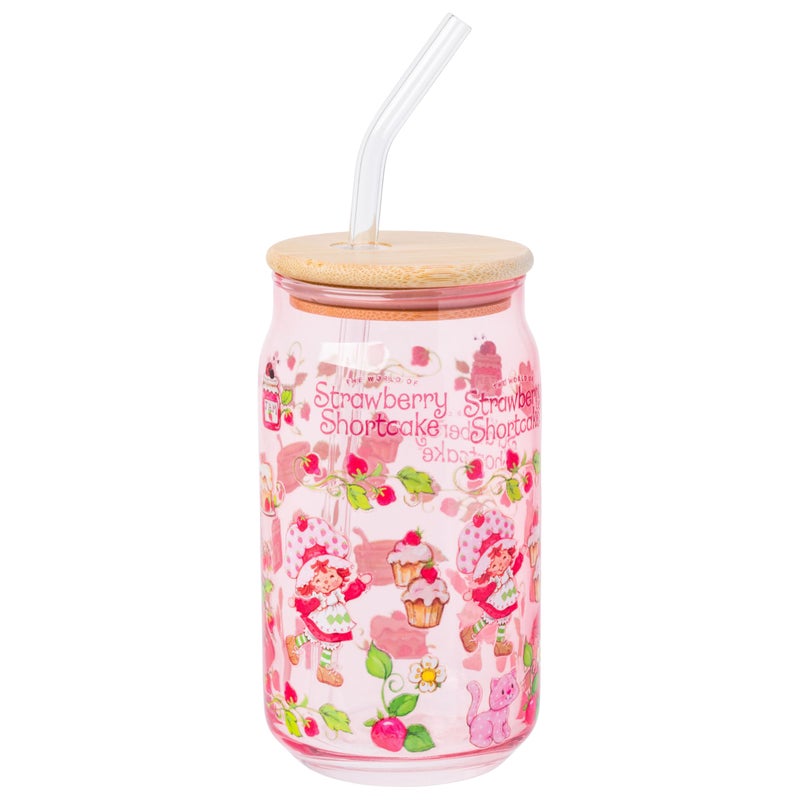 Silver Buffalo Strawberry Shortcake Berry Print Glass Tumbler with Bamboo Lid and Glass Straw Featuring Strawberry Shortcake and Custard 16 Ounces