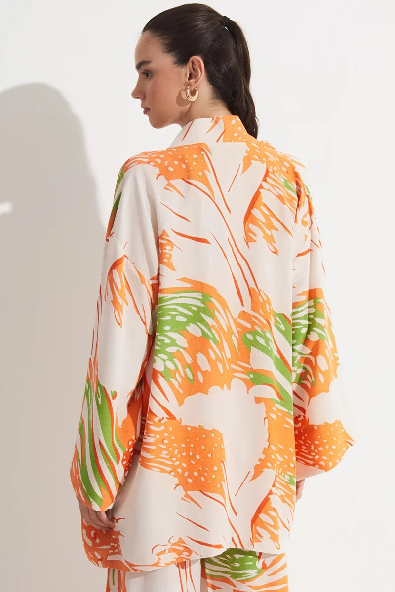 جون Women's Exclusive Patterned Linen Blend Woven Kimono&Caftan