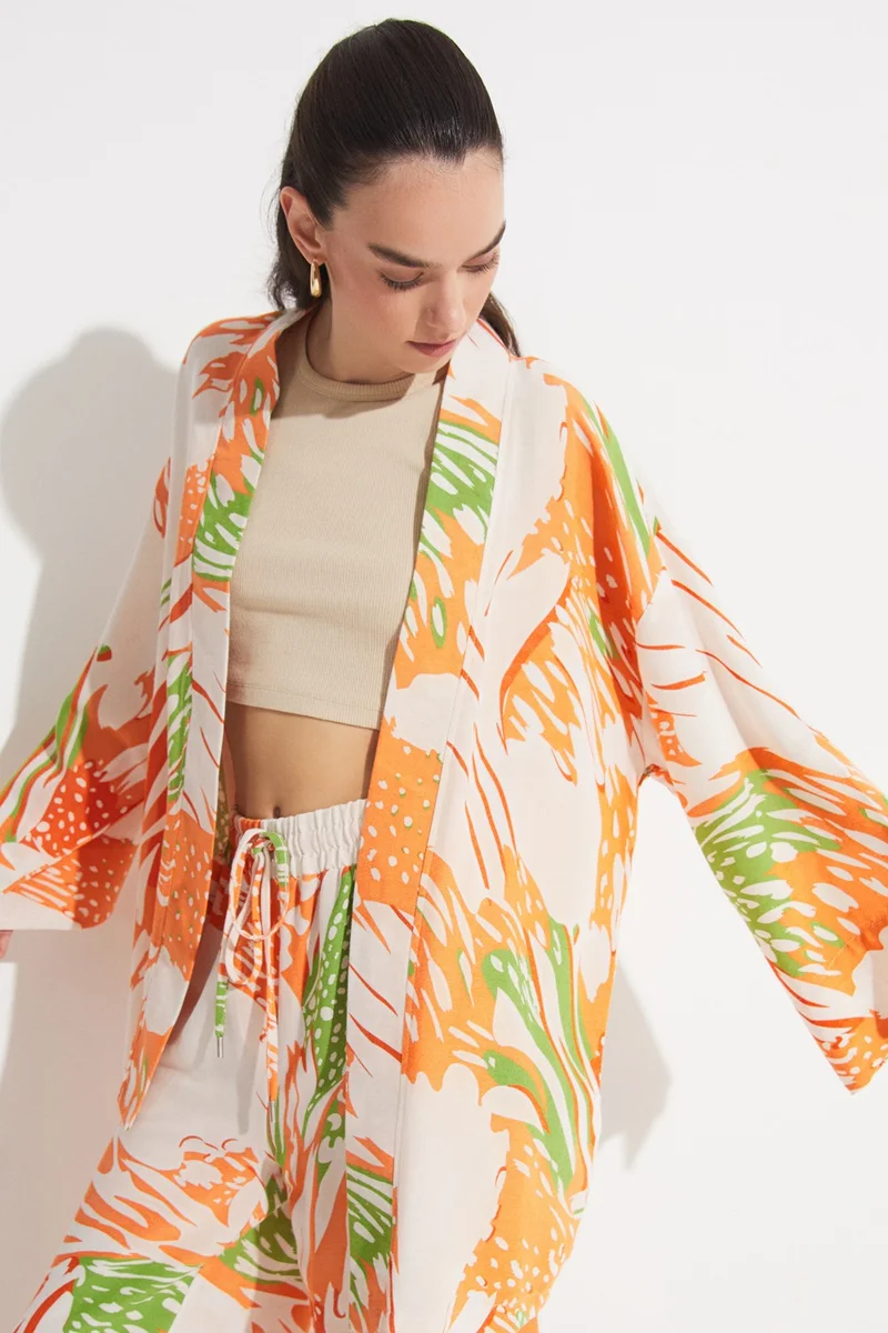 جون Women's Exclusive Patterned Linen Blend Woven Kimono&Caftan