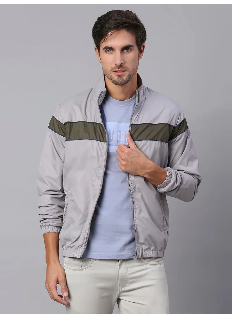 دينيس لينغو Grey Regular Fit Men's Striped Mock Neck Polyester Jacket with Zipper Closure