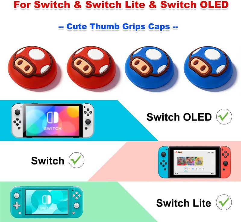 Sunmike Thumb Grip Caps for Nintendo Switch/OLED/Switch Lite, 4 Pcs Caps for Nintendo Switch Joystick Covers Kawaii Accessories Switch Thumb Caps - Blue&Red - Image 2