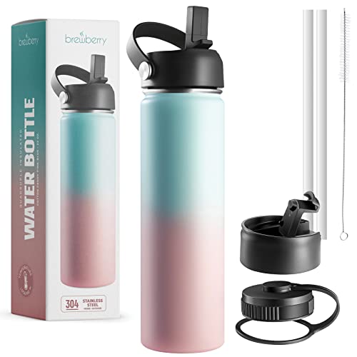 Brewberry Stainless Steel Insulated Water Bottle and Travel Mug for Hot and Cold Beverages, Wide Mouth, Double Wall Insulated Hydration Sports Water Bottle for Hiking, Biking, Outdoor, 22 OZ BPA Free - Image 1