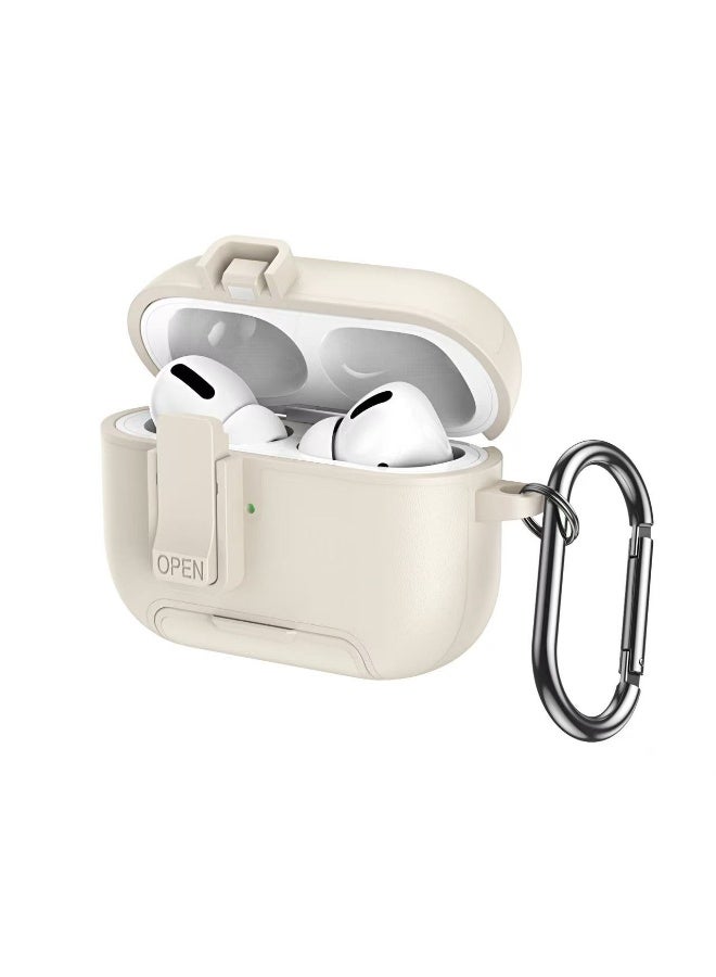 دكينج حافظة سماعات الرأس هذه المصنوعة من الجلد الصناعي PU متوافقة مع AirPods Pro 3، وتتميز بتصميم قاعدة مغناطيسية وقفل مقاوم للصدمات. تدعم حافظة Apple Pro 3 الشحن اللاسلكي من خلال الحافظة وتأتي بمشبك معدني. اللون: أبيض مائل للكريمي. - Image 1