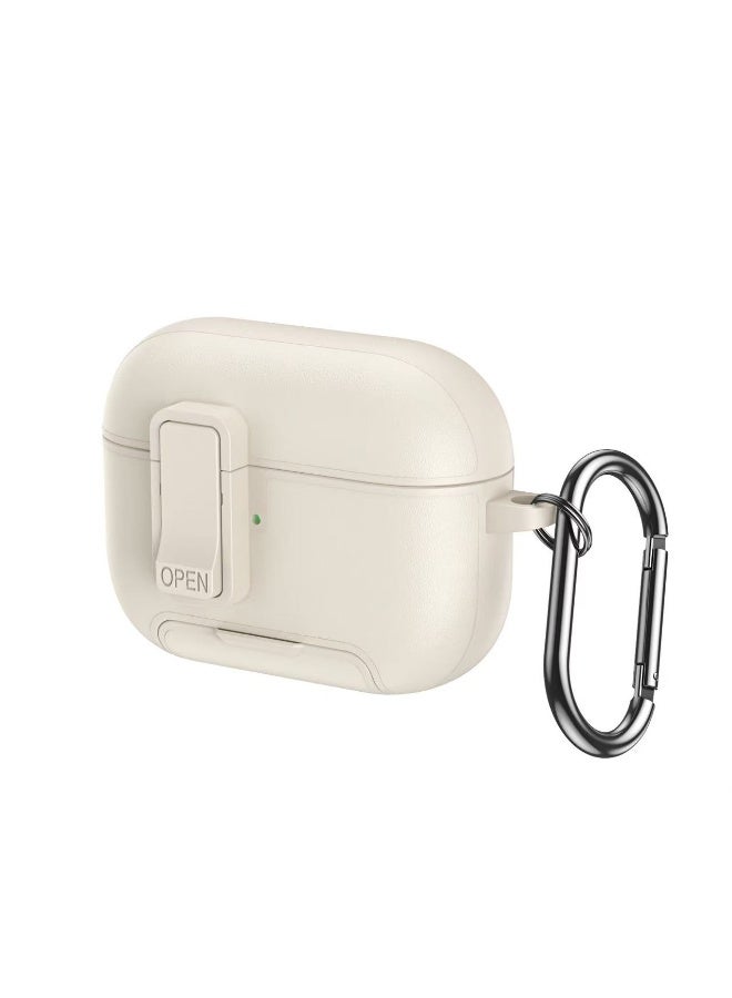 دكينج حافظة سماعات الرأس هذه المصنوعة من الجلد الصناعي PU متوافقة مع AirPods Pro 3، وتتميز بتصميم قاعدة مغناطيسية وقفل مقاوم للصدمات. تدعم حافظة Apple Pro 3 الشحن اللاسلكي من خلال الحافظة وتأتي بمشبك معدني. اللون: أبيض مائل للكريمي. - Image 2