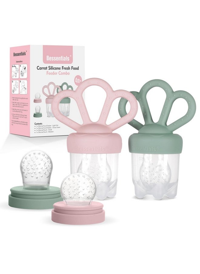Bessentials Carrot Baby Fresh Fruit Food Feeder & 2 Pack Silicone Mesh Feeders | Safe Infant Self-Feeding|Includes 3 Sizes of Food Pouches |Suitable for Baby 4M+|BPA-Free (Pink & Grass Green) - Image 1