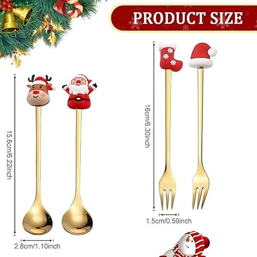 PARTEET Stainless Steel Christmas Cutlery Set with Santa Figurines, Set of 4 Piece Gold Plated Flatware & Tablespoon & Fork Set, Cake & Ice Cream Spoon| Merry Christmas Festive Gift Box for Kids - Image 2