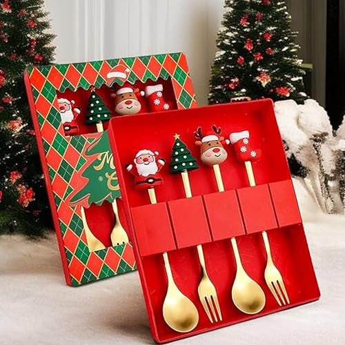 PARTEET Stainless Steel Christmas Cutlery Set with Santa Figurines, Set of 4 Piece Gold Plated Flatware & Tablespoon & Fork Set, Cake & Ice Cream Spoon| Merry Christmas Festive Gift Box for Kids - Image 1