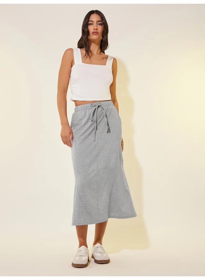 تايك تو Take Two Solid Drawstring Waist A-Line Midi Skirt
