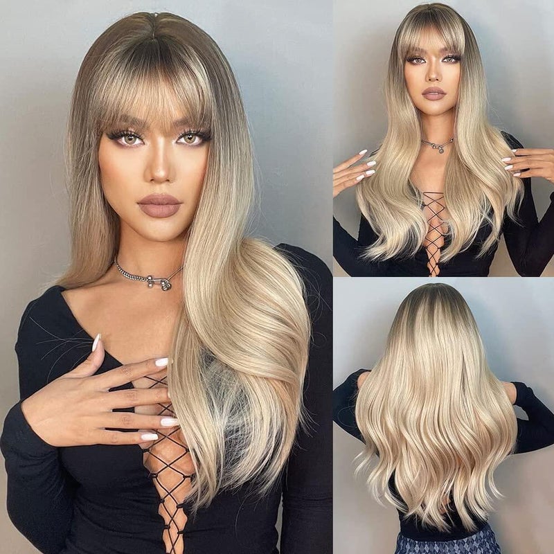 باروكة HAIRCUBE طويلة الموجة بالشعر الأشقر مع غرة باروكات أشقر أومبري للنساء ألياف مقاومة للحرارة باروكات صناعية للاستخدام اليومي
