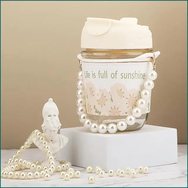 KRIVAZ KRIVAZ Glass Coffee Mugs with Pearl Chain Belt Sleeve Pack of 1Reusable Travel Sipper with Double Drink Straw and LidsKids Girls Tumbler for Juice Smoothies Milk Cups  - Image 1