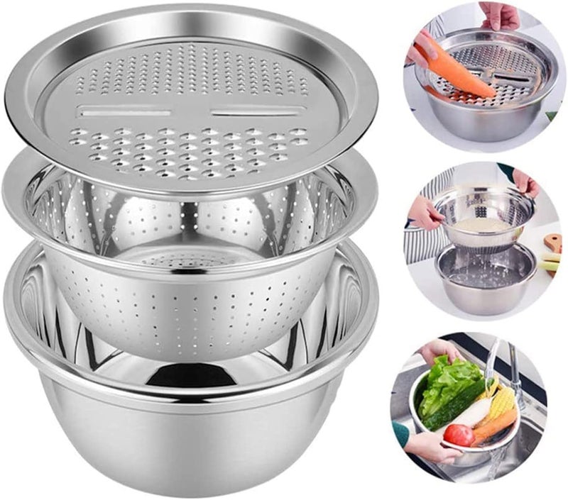 PREMIUM 3-in-1 Stainless Steel Mixing Bowl Set 30cm with Grater & Colander Heavy Duty Multi-Purpose Kitchen Food Prep Strainer for Washing Grating & Baking - Image 2