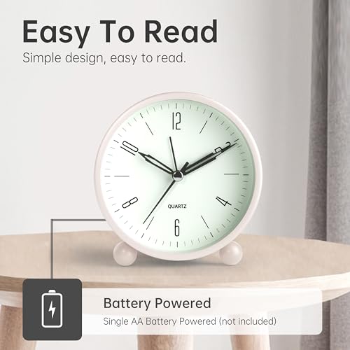 JALL Kadio Plastic Analog Alarm Clock, 4 inch Super Silent Non Ticking Small Clock with Night Light, Battery Operated, Simply Design, for Bedroon, Bedside, Desk, (White) - Image 3