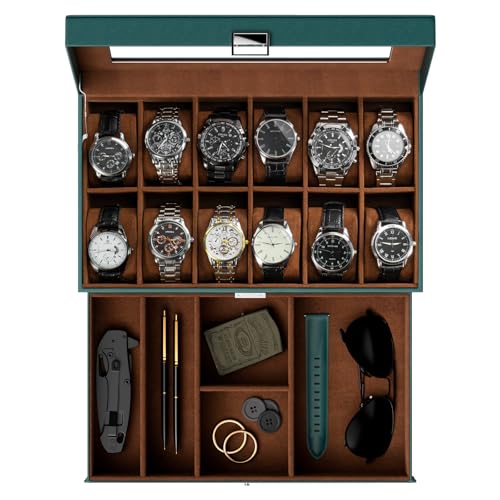 ProCase Watch Box for Men, 12 Slot Mens Watch Case With Drawer, Watch Display Case With Glass Lid, 2-Layer Watch Holder Organizer, Jewelry and Watch Storage for Men Women -12Slot, MidnightGreen - Image 1