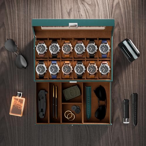 ProCase Watch Box for Men, 12 Slot Mens Watch Case With Drawer, Watch Display Case With Glass Lid, 2-Layer Watch Holder Organizer, Jewelry and Watch Storage for Men Women -12Slot, MidnightGreen - Image 4