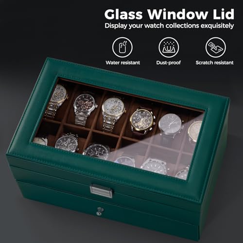 ProCase Watch Box for Men, 12 Slot Mens Watch Case With Drawer, Watch Display Case With Glass Lid, 2-Layer Watch Holder Organizer, Jewelry and Watch Storage for Men Women -12Slot, MidnightGreen - Image 5