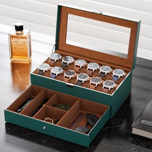 ProCase Watch Box for Men, 12 Slot Mens Watch Case With Drawer, Watch Display Case With Glass Lid, 2-Layer Watch Holder Organizer, Jewelry and Watch Storage for Men Women -12Slot, MidnightGreen - Image 3