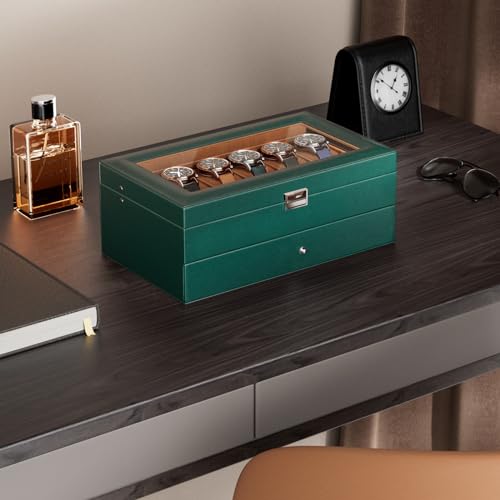 ProCase Watch Box for Men, 12 Slot Mens Watch Case With Drawer, Watch Display Case With Glass Lid, 2-Layer Watch Holder Organizer, Jewelry and Watch Storage for Men Women -12Slot, MidnightGreen - Image 2