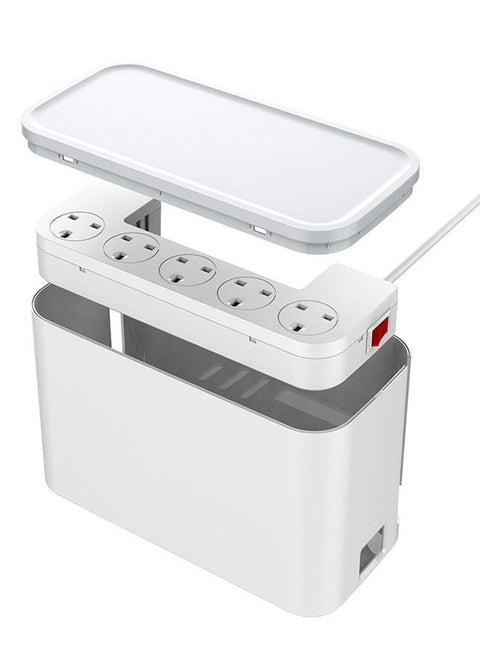 2 in 1 Power Extension Box with 3 USB and 5 Universal Outlets 2M Cable and White Protection Box