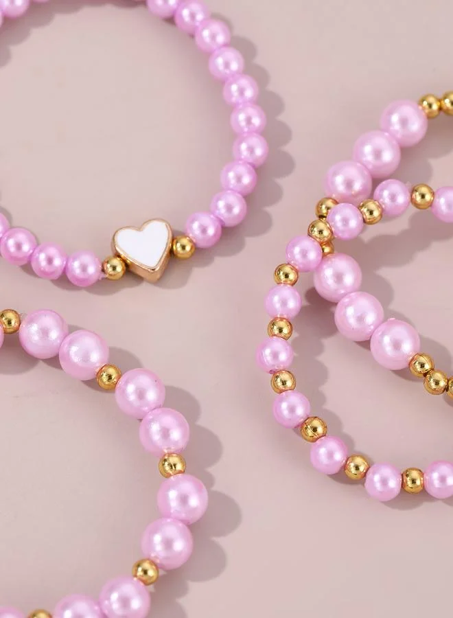 Pack of 4 - Girls Multi-Color Pearl Beaded Bracelets with Heart Charm