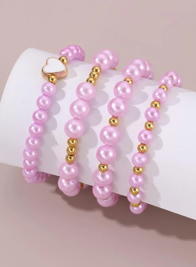Take Two  Pack of 4 - Girls Multi-Color Pearl Beaded Bracelets with Heart Charm for Women | Best Price UAE