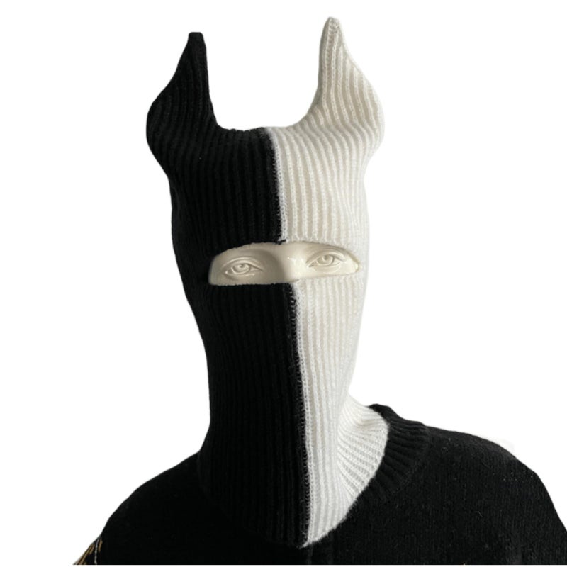 Generic LOLAT Funny Knitted Balaclava Full Face Ski Mask Winter Warm Windproof Hat Halloween Ox Horn Cap for Women and Men, Black-white, One size - Image 2