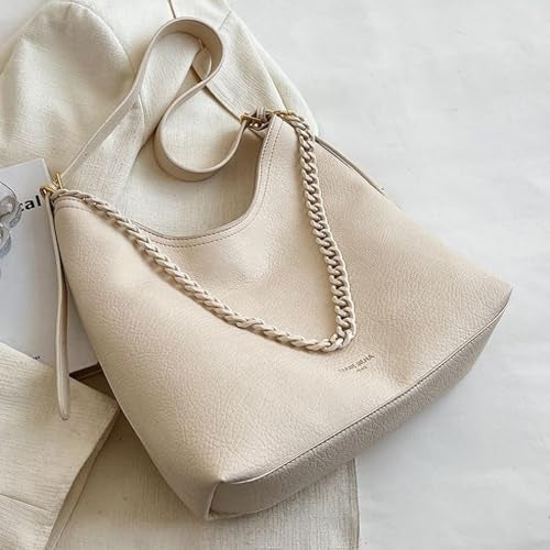 SIBY Large Capacity Tote Bag | Vintage Shoulder Purse with Acrylic Chains | PU Crossbody Messenger Bag - Beige - Image 2