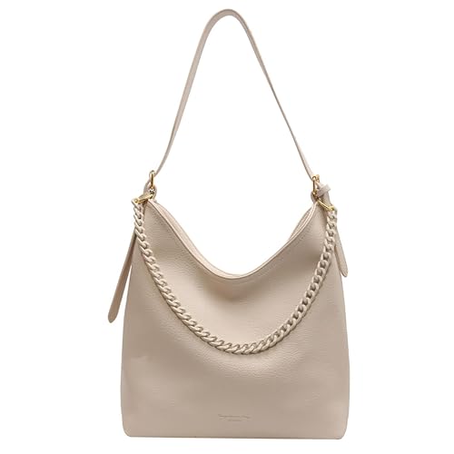 SIBY Large Capacity Tote Bag | Vintage Shoulder Purse with Acrylic Chains | PU Crossbody Messenger Bag - Beige - Image 1
