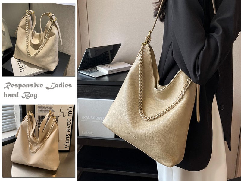SIBY Large Capacity Tote Bag | Vintage Shoulder Purse with Acrylic Chains | PU Crossbody Messenger Bag - Beige - Image 3