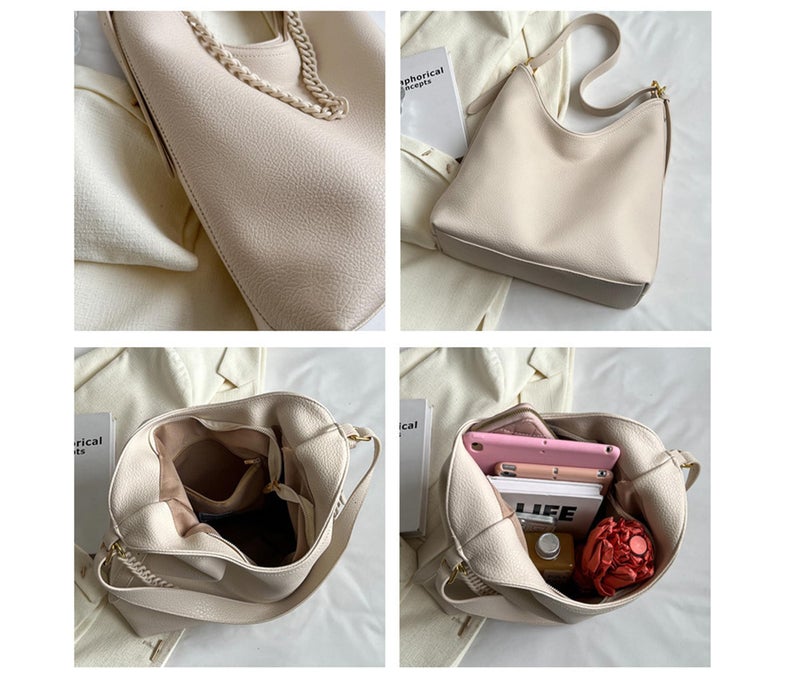 SIBY Large Capacity Tote Bag | Vintage Shoulder Purse with Acrylic Chains | PU Crossbody Messenger Bag - Beige - Image 4