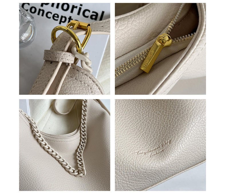 SIBY Large Capacity Tote Bag | Vintage Shoulder Purse with Acrylic Chains | PU Crossbody Messenger Bag - Beige - Image 5