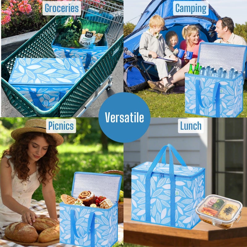 VENO 2 Pack Insulated Cooler Bag, Reusable Grocery Shopping Bag for Food Delivery, Heavy Duty, Large Size, Durable Handles, Double Zippers, Lid, Collapsible (Spring Breeze, 2 Pack) - Image 2