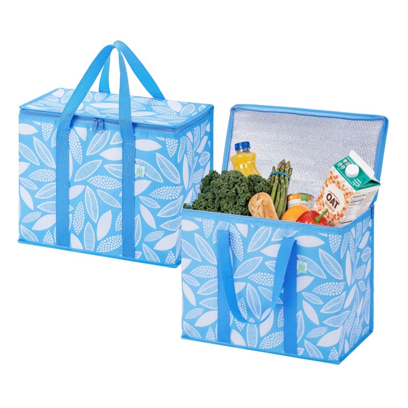VENO 2 Pack Insulated Cooler Bag, Reusable Grocery Shopping Bag for Food Delivery, Heavy Duty, Large Size, Durable Handles, Double Zippers, Lid, Collapsible (Spring Breeze, 2 Pack) - Image 1