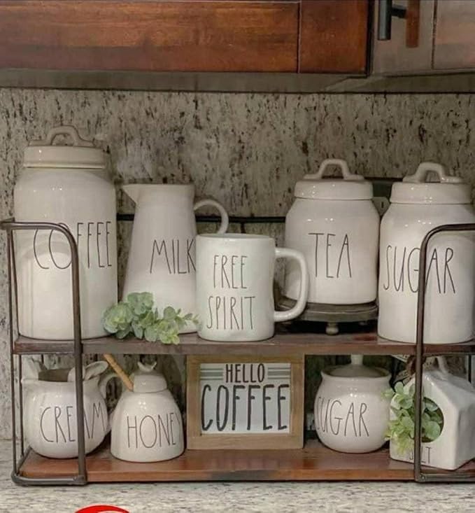 2 - Tier Kitchen Storage Rack - Metal Coffee Rack with 2 Wooden Shelves - Decorative - 40x30x15 cm - Image 3