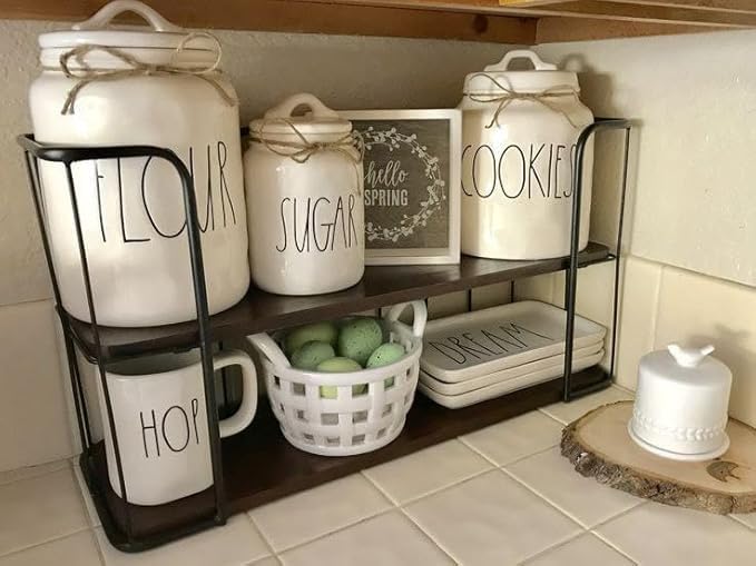2 - Tier Kitchen Storage Rack - Metal Coffee Rack with 2 Wooden Shelves - Decorative - 40x30x15 cm - Image 1