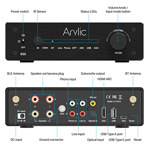 Arylic B50 2 Channel Bluetooth Amplifier with Audio Transmitter, 50W*2 Home Stereo Amplifiers with HDMI ARC,DAC,Phono in and Free APP. Support aptX HD Music Transmission & Reception. - Image 2