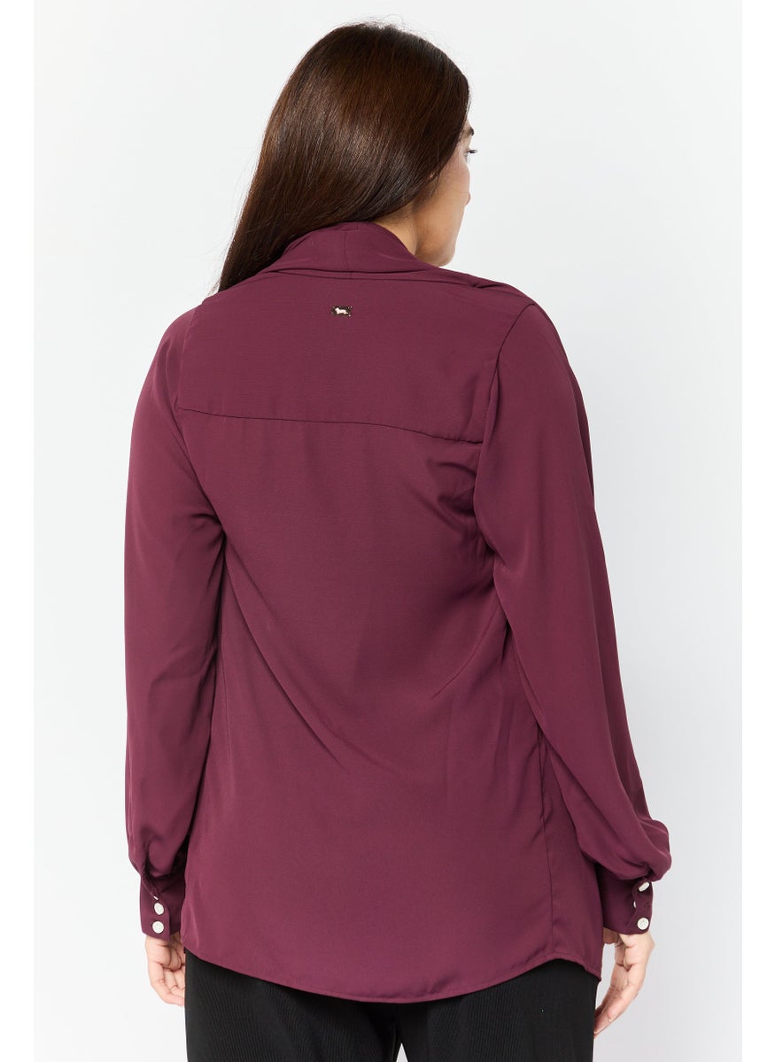 Harmont & Blaine - Women V Neck Plain Long Sleeve Blouse, Maroon - Image 1