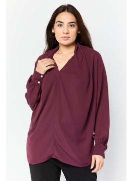 Women V Neck Plain Long Sleeve Blouse, Maroon
