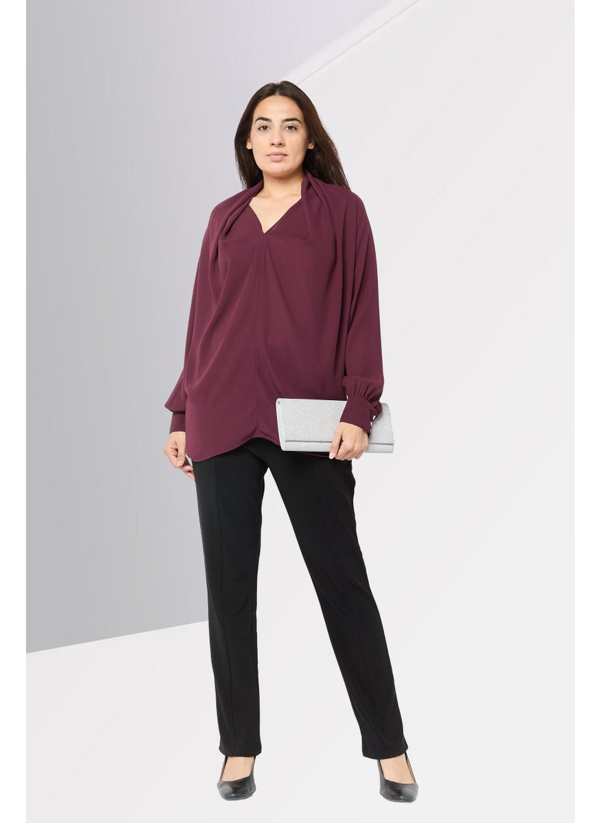 Harmont & Blaine - Women V Neck Plain Long Sleeve Blouse, Maroon - Image 1
