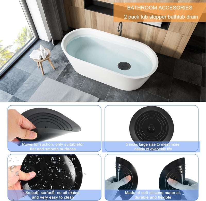 V-TOP Bathtub Drain Stopper 2 Pack, 5 inches Silicone Tub Stopper Shower Drain Cover, Bath Tub Plug Hair Stopper,Universal Flat Suction Renter Friendly Bath Accessories - Image 4