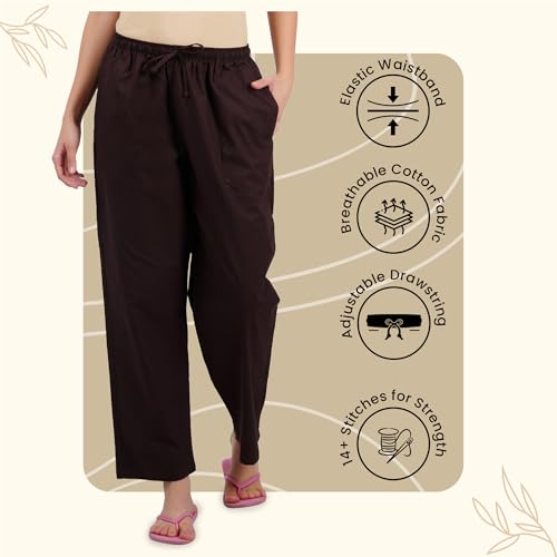 Happy Bunny Parallel Pants for Women 100% Cotton Ankle Length Trousers Regular Fit with Elastic Drawstring Stylish & Pockets Casual Formal Wear for Office & Home (2XL, Coffee Brown) - Image 2