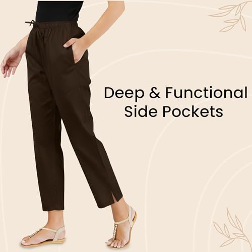 Happy Bunny Parallel Pants for Women 100% Cotton Ankle Length Trousers Regular Fit with Elastic Drawstring Stylish & Pockets Casual Formal Wear for Office & Home (2XL, Coffee Brown) - Image 3