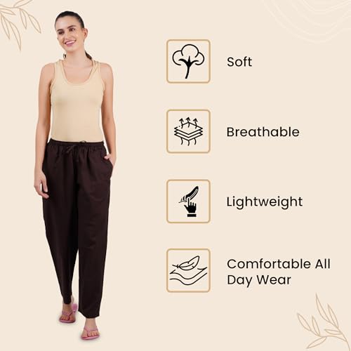 Happy Bunny Parallel Pants for Women 100% Cotton Ankle Length Trousers Regular Fit with Elastic Drawstring Stylish & Pockets Casual Formal Wear for Office & Home (2XL, Coffee Brown) - Image 4