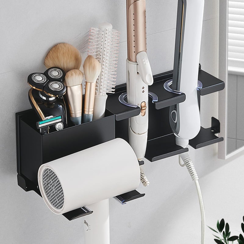 HOHOWU Hair Tool Organizer Wall Mounted,Hair Dryer Holder,blow dryer,curling iron,Straightener holder,Metal 3 in 1 Bathroom Bedroom Hair Accessories Tools Organizer Rack.Black - Image 1